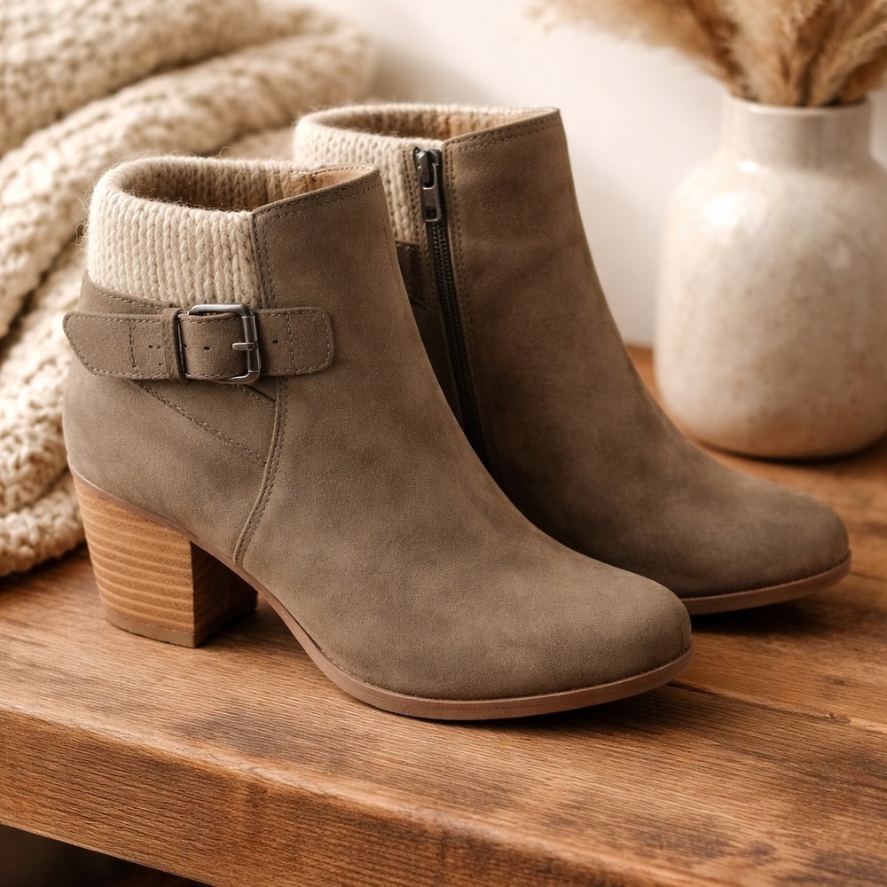Report Taupe Ankle Boots with Knit Collar and Buckle Strap